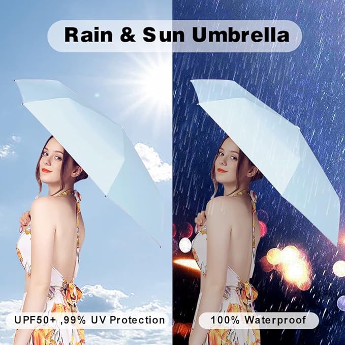 ESUFEIR Mini Sun Umbrella for Purse With Case, Small Compact UV Umbrella Travel Essentials, Lightweight Portable Parasol Windproof for Women Men Kids (skyblue)