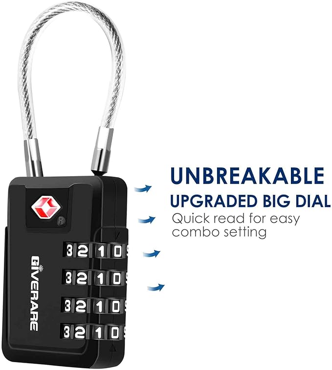 2 Pack TSA Approved Travel Luggage Locks 4-Digit, Metal Cable Suitcase Combination Lock, Alloy Keyless Zipper Padlocks, TSA Accepted Compatible Padlock for Gym Locker, Golf Bag Case, Anti Theft-Black