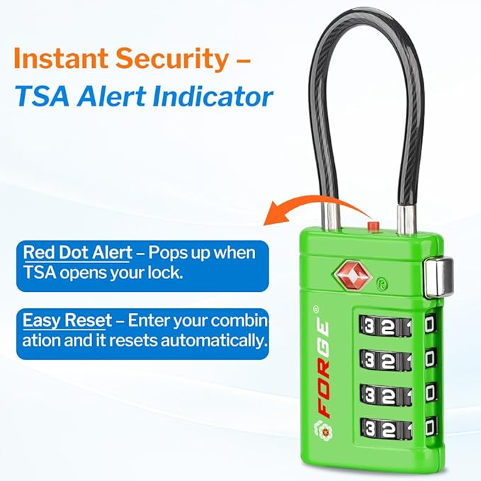 Forge TSA Approved Luggage Locks 4 Digit Combination TSA Travel Locks with TSA008, Open Alert Indicator, Zinc Alloy Body for Luggage, Suitcase, Backpack, and More. Green 2 Locks.