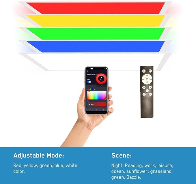 4 Pack 2x2 FT LED RGBW 5000K Multicolor Flat Panel, Light Remote & App Controlled 40W 4400lm Color Changing LED Panel Light Smart Wi-Fi Drop Ceiling Light with Alexa/Google Assistant