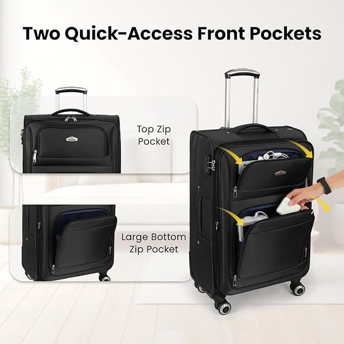 Softside Luggage Sets 3 Piece,Expandable Lightweight Durable Suitcase Sets Double Spinner Wheels w/Combination LOCK （20''/26''/30''）#Black