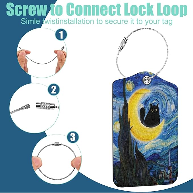 The Starry Night Cat Luggage Tag, Suitcase Tags with Privacy Flap and Metal Loop, Luggage Tags for Suitcases, Identifiers Travel Essentials Bag Tag, Cat Lovers Gifts for Women Friends