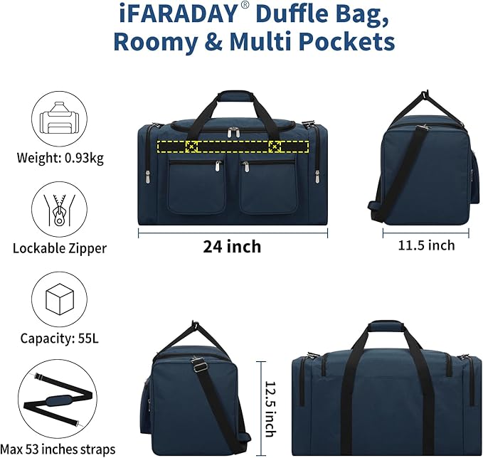 55L Duffle Bag for Travel - 24 inch Heavy Duty Duffel Bag with Multi Pockets for Overnight Weekend Gym Sports Camping(Navy)