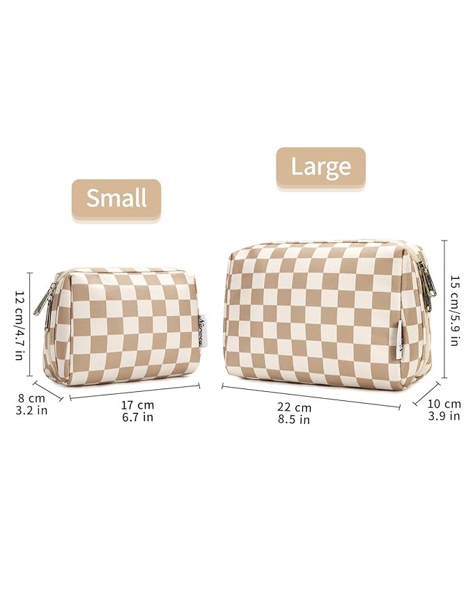 Narwey Checkered Makeup Bag Travel Cosmetic Bag Organizer Toiletry Bag Make Up Bags with Compartments for Women Girls (Large, Khaki Checkerboard)