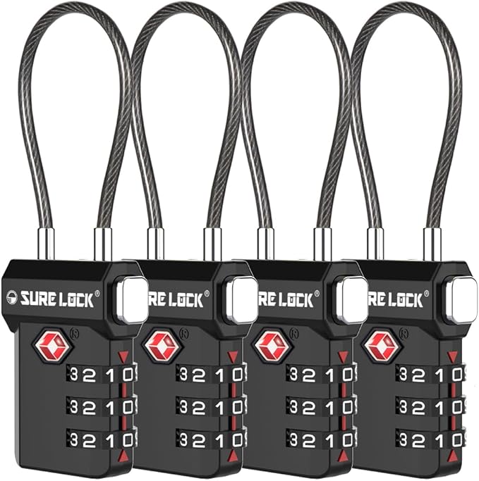 SURE LOCK TSA Approved Luggage Locks – 3-Digit Combination Cable Lock with Red Indicator, Large Dial & Easy-Press Button for Suitcases and Backpacks – Multi-Pack & Color Options