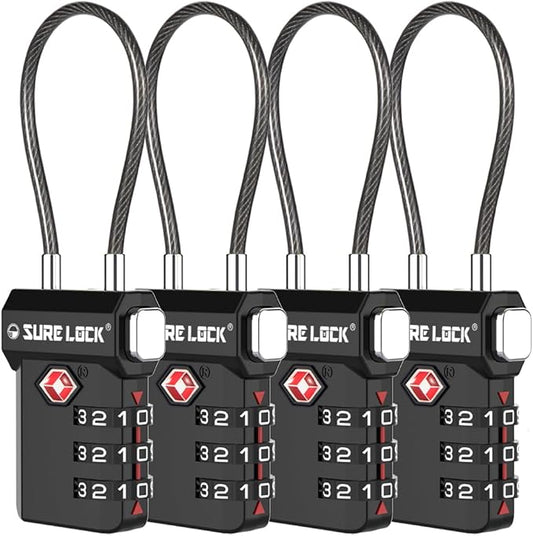 SURE LOCK TSA Approved Luggage Locks – 3-Digit Combination Cable Lock with Red Indicator, Large Dial & Easy-Press Button for Suitcases and Backpacks – Multi-Pack & Color Options