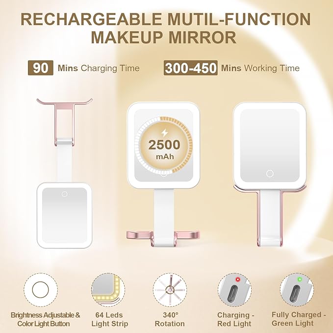 Mocado Travel Makeup Mirror with Lights,20X/1X Magnifying Mirror with Light, Double Sided Travel Mirror with 3 Color Light,Dimmable Touch,Lighted Makeup Mirror for Tabletop,Handheld,Hanging(Rose Gold)