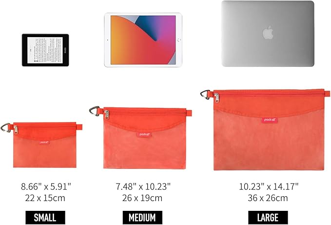 pack all 3 Pcs Water-resistant Material Zipper Pouch Set, Mesh Zipper Bags for Storage, Travel, Office (Orange)