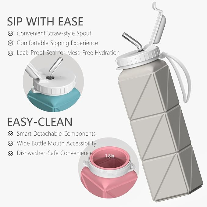 Collapsible Water Bottles with Straw 20.6oz, Silicone Foldable Portable Water Bottle, BPA-Free, Leakproof Reusable for Travel Camping Hiking Cycling Yoga Sports, 2 Pack (Black+Starlight)