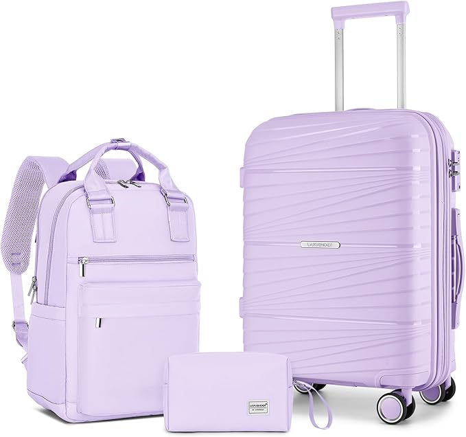 LARVENDER Luggage Sets 3 Piece, Expandable Carry On Luggage 22x14x9 Airline Approved, 20 Inch Hardshell & Lightweight PP Carry On Suitcase for Women with Spinner Wheels TSA Lock, Lavender