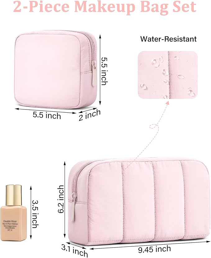 oscaurt 2 Pcs Makeup Bag Travel Toiletry Bag for Women Puffy Padded Cosmetic Pouch Purse Wide-open Makeup Organizer Case Travel Essentials