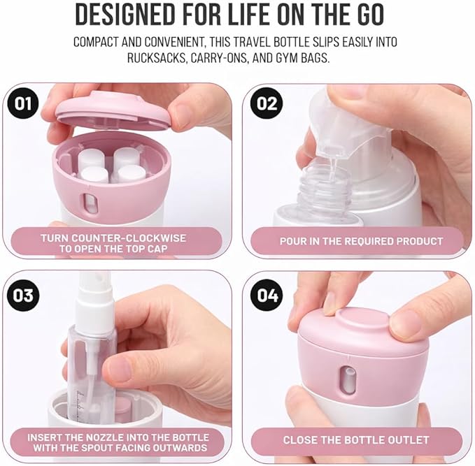 Travigo 4-in-1 Travel Dispenser Bottle, TSA Approved, Leak Proof, Four Reusable 1.4 oz. (40 mL) Toiletry Containers for Shampoo, Conditioner, Soap, Lotion, Skincare (Pink)