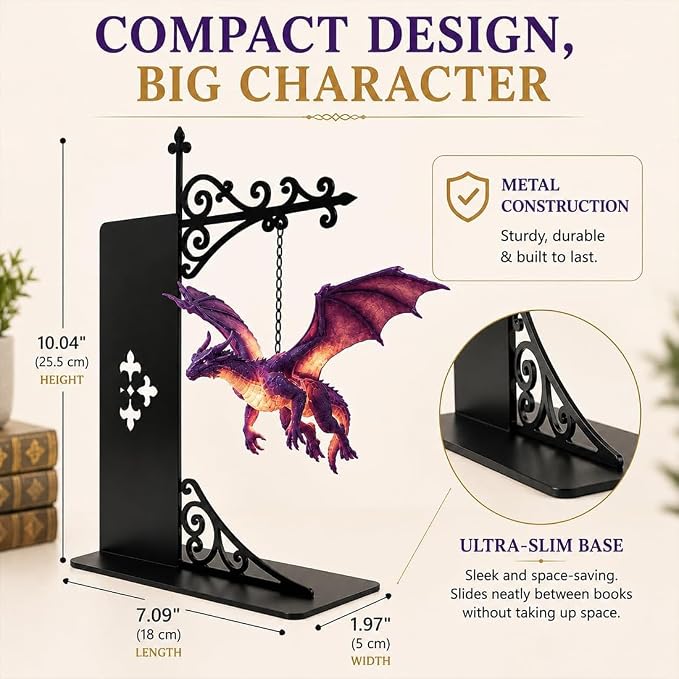 Magical Floating Dragon Bookshelf Lamp, Warm LED Dragon Night Light, Fantasy Gothic Bookend Decor, Reading Nook Ornament, Gift for Book Lovers & Fantasy Fans，Purple