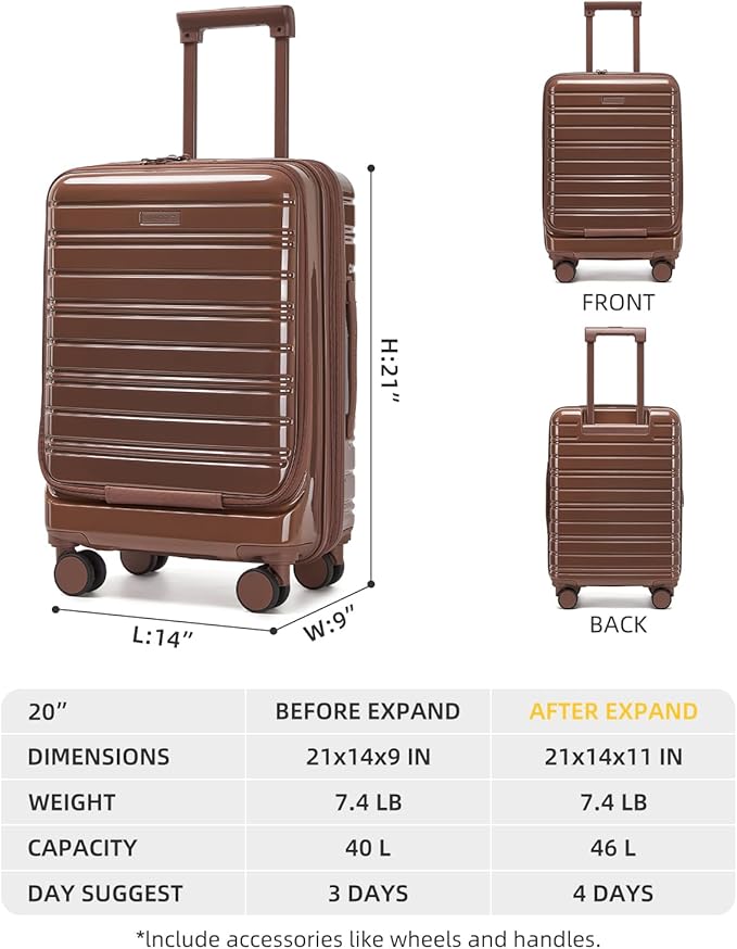 LARVENDER Carry On Luggage 22x14x9 Airline Approved, 20 Inch Expandable PC+ABS Hardside Carry On Luggage with Front Pocket Spinner Wheels TSA Lock for Women Men (Mocha)