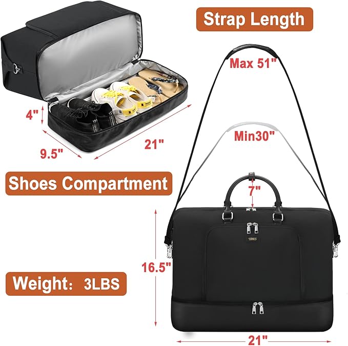 Travel Weekender Bag for Women, 21" Overnight Bag with Shoe Compartment 50L Large Travel Duffel Bag Carry On Tote for Weekend, Overnight, Business Trips, Water Resistant