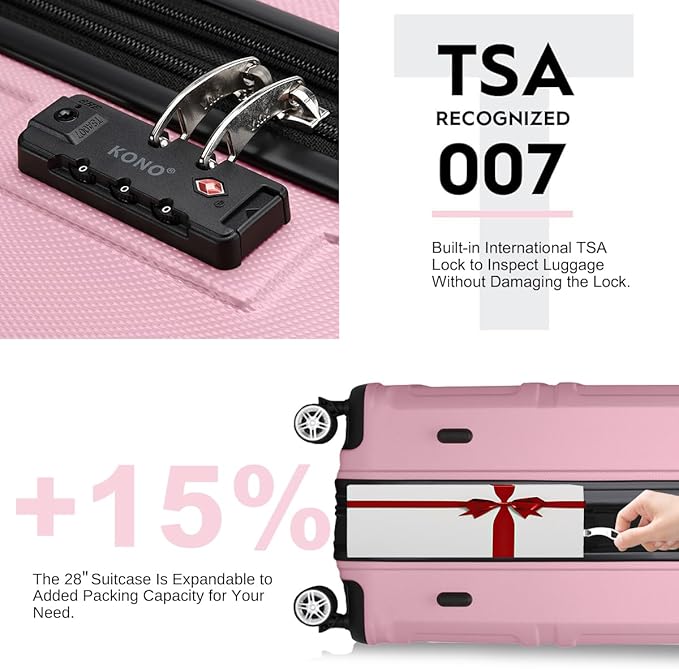 Kono 3 Piece Luggage Sets Expandable(only 28") with Spinner Wheels TSA Lock Lightweight PC+ABS Hardside Travel Rolling Suitcases 20in 24in 28in Carry on Pink