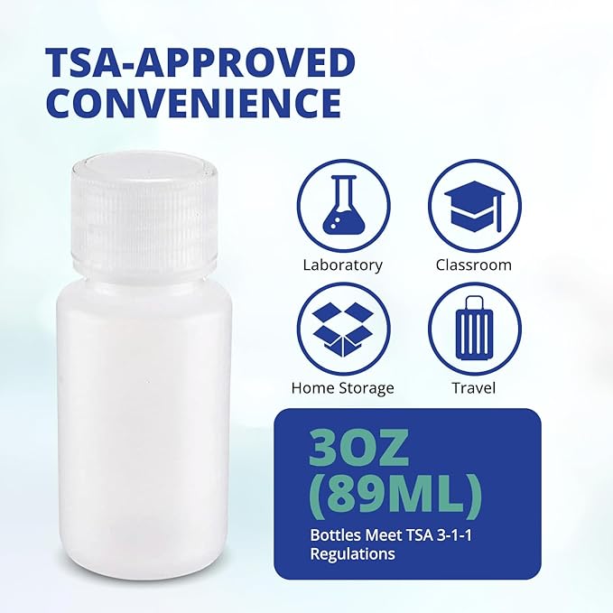 United Scientific™3 Oz Travel Bottles for Toiletries - Leak Proof Toiletry Bottles with Lined Polypropylene Lid - TSA Approved Travel Containers, Clear Screw Top Small Bottle for Liquids, Pack of 6