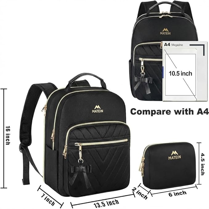 MATEIN Backpack Purse for Women, 15.6 inch Cute Stylish Waterproof Backpack Purse, Fashion Waterproof Casual Daily Shoulder Bag for College Work Travel, Gifts for Ladies, 2pcs Set, Black