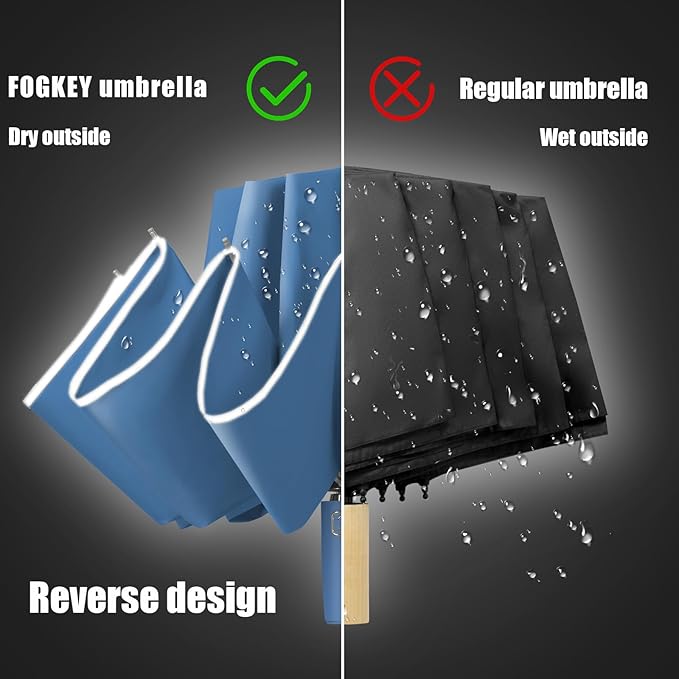 Fogkey Large Windproof Travel Umbrella, Portable Reverse Folding Car Umbrella, Compact Inverted Design with Waterproof Canopy, Automatic, 10 Durable Ribs, 45.6/13 Inch, Fits Backpack