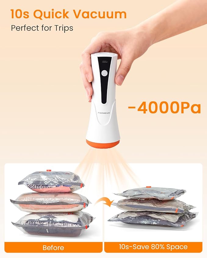 Vacuum Seal Bags for Clothing Travel with Rechargeable Cordless Pump, 12 Pack Compression Space Saver Bags for Packing, Luggage and Seasonal Storage