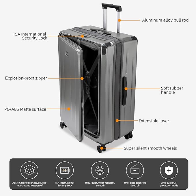 Premium Carry On Luggage, 29 Inch Top Opening Aluminum Frame Airline Approved ABS+PC Hard Shell Suitcases with Silent Wheels, TSA Lock, Front Pocket & Wet-dry Separated Six-piece set
