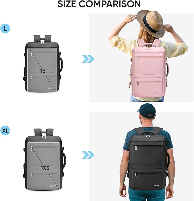 BALEINE Travel Backpack for Women Men, Large Sturdy Carry On Laptop Backpack Gifts for Business, Casual, Weekender, Hiking (XL, Black)