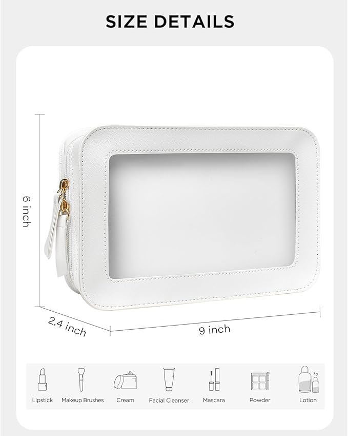 LETGO Clear Toiletry Bag, Portable Travel Makeup Pouch with Zipper, TSA Approved Organizer, PVC Cosmetic for Airport Airline Compliant (White)