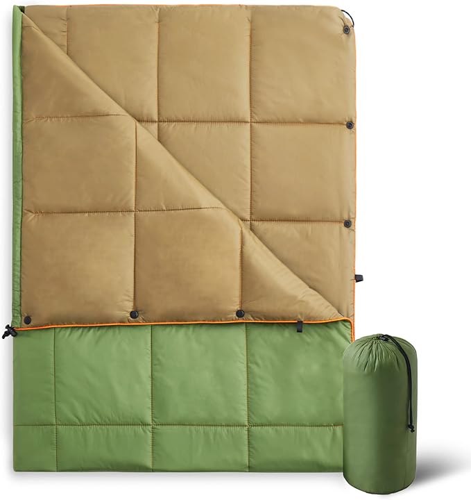 UNIKOME Waterproof Puffy Camping Blanket - Lightweight Packable Outdoor Quilt with Snaps & Corner Loops, Warm Compact Blanket for Cold Weather Hiking Picnic Stadium Travel, 75"×52", Army Green&Brown