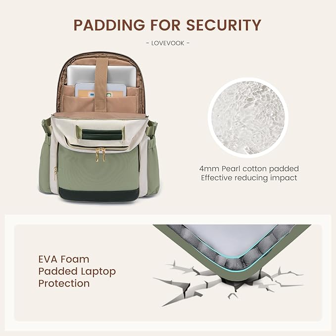 LOVEVOOK Laptop Backpack for Women with Pouch Pocket for Large Capacity Cup,17 Inch Teacher Nurse College Work Backpack Purse,Waterproof Laptop Bag Computer Back Pack for Travel, Beige-Green-Black
