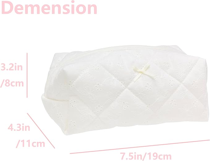 PAZIMIIK Cozy Makeup Bag Travel Cosmetic Bag for Women Soft Toiletry Bag Aesthetic Makeup Organizer Portable Large Zipper Pouch for Skincare Beauty Accessories Brushes Embroidery White