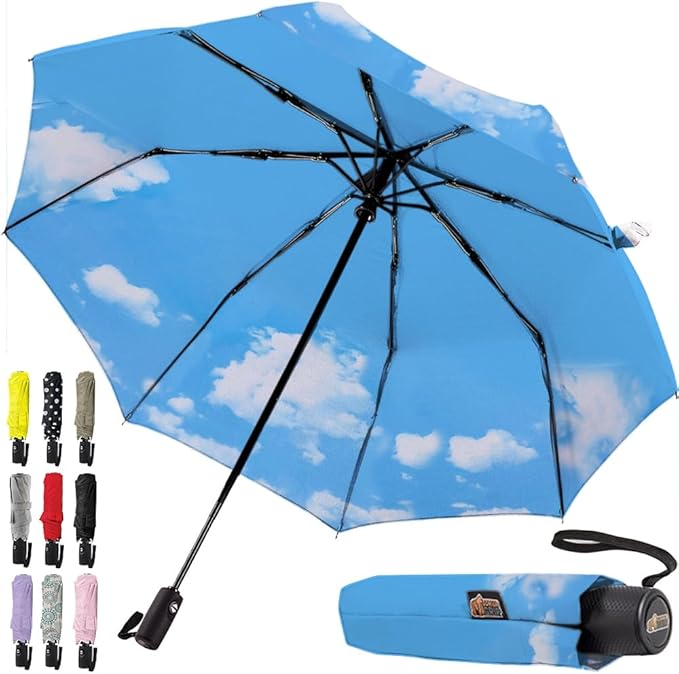 GORILLA GRIP Strong Windproof Stick Compact Umbrella for Rain, One-Click Automatic Open and Close, Durable Quick Dry Waterproof Material, Lightweight and Portable, Travel Size Fits Backpack, Sky Blue