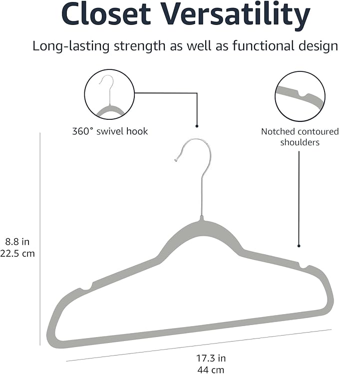 Amazon Basics Slim Velvet Non-Slip Space Saving Suit Clothes Hangers, Closet Organizer, Gray/Silver, 50-Pack