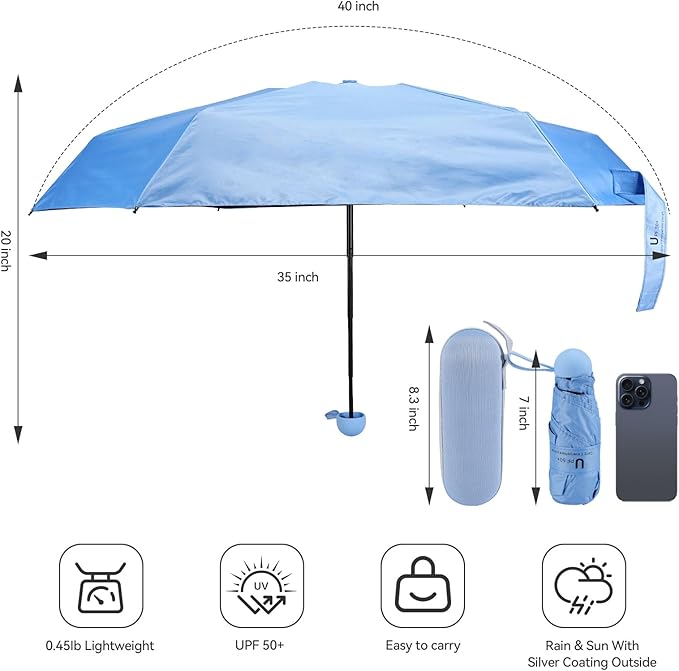 Mini Umbrella for Travel, Compact Folding Umbrella with Case, Lightweight 0.45lb Small Pocket for Backpack and Purse, Rain and Sun Protection - UPF 50+ Windproof Travel Umbrella Compact Mini for Outdoor Use