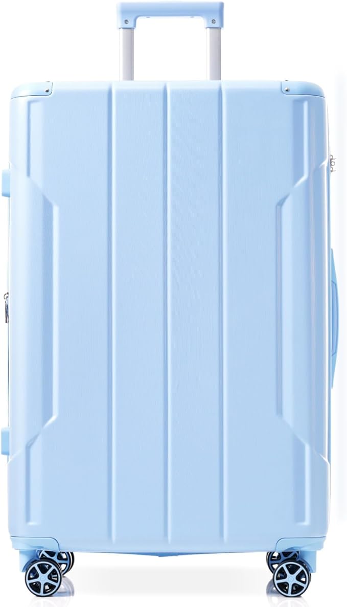 24 Inch Checked-Large Luggage, Lightweight ABS Hard Shell Suitcase with Spinner Wheels, Expandable Travel Luggage with Combination Lock & Side Hooks for Men Women, Sky Blue