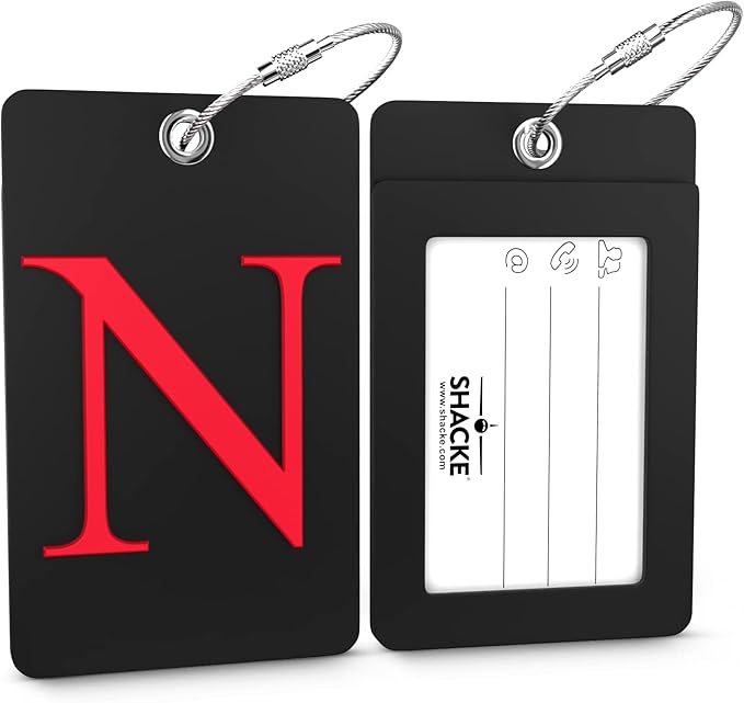 Shacke Luggage Tag Initial - Fully Bendable Tag w/Stainless Steel Loop - Black (Letter N)