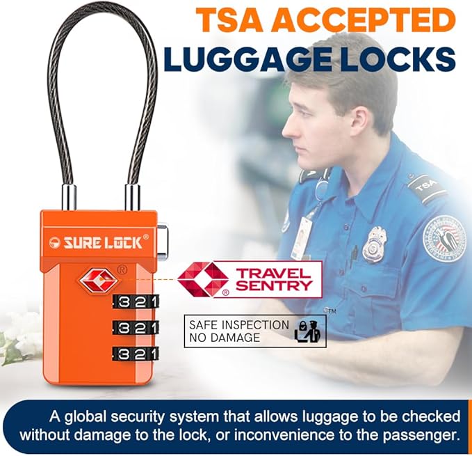 SURE LOCK TSA Approved Luggage Locks – 3-Digit Combination Cable Lock with Red Indicator, Large Dial & Easy-Press Button for Suitcases and Backpacks – Multi-Pack & Color Options