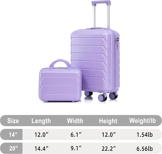 Hardshell Luggage, Lightweight Durable ABS Suitcase with Spinner Wheels, 14/20 Inch