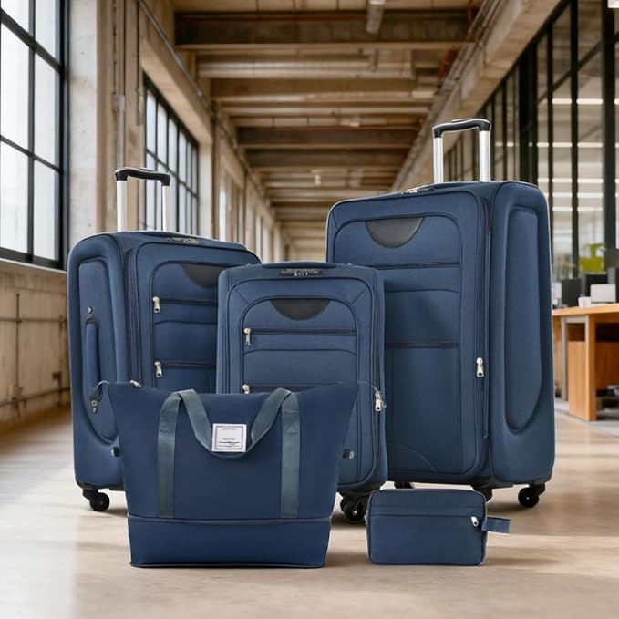 Softside Luggage 3-Piece Set with Duffel Bag, Lightweight Suitcases with Spinner Wheels, TSA Lock & Expandable for Travel, Business Trips, Durable Softshell Travel Luggage Set (Dark Blue)