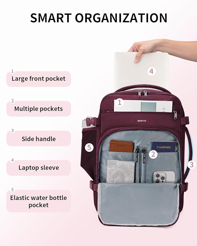 ECOHUB Travel Backpack for Women, 18x14x8 Spirit Airlines Personal Item Bag with Clear Toiletry Bag, Laptop Carry on Backpack with USB Port, Airline Approved Under Seat 14 Pockets 30L, Red