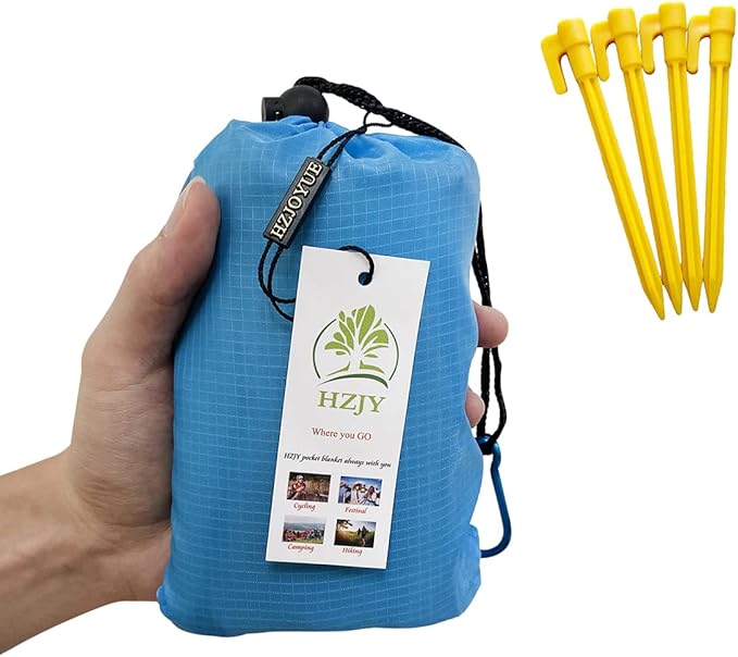 Pocket Blanket 71"x55", Lightweight Compact Sandproof Waterproof Outdoor Blanket for Beach, Hiking, Camping, Travel, Festivals, Picnic with Pockets, Loops, Stakes, Carabiner