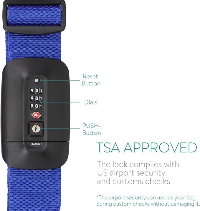 Navaris TSA Luggage Strap - Secure Adjustable Strap for Suitcases with Combination Lock - Lockable Cross Case Travel Belt for Luggage with ID Tag