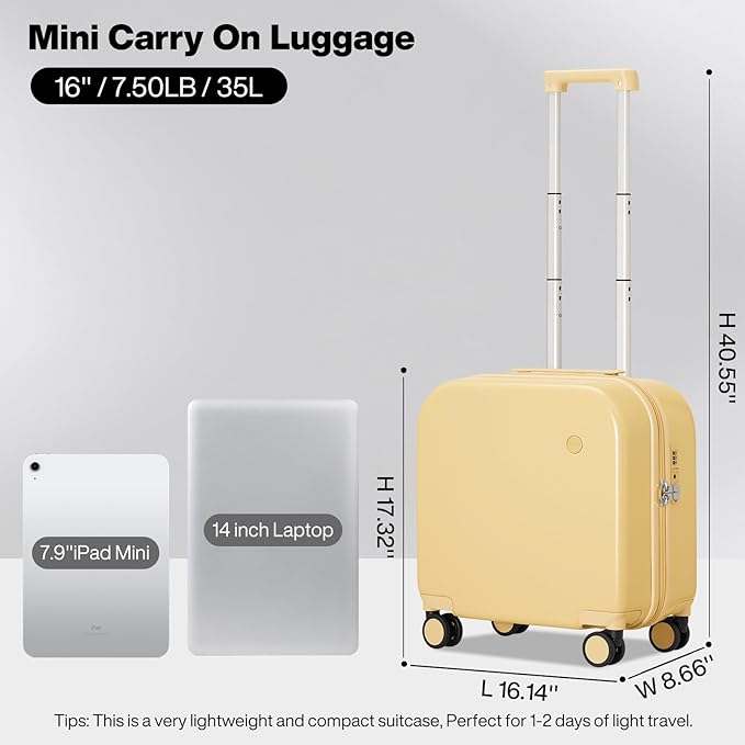 mixi Carry on Luggage, Suitcase with Spinner Wheels 16in Luggage Hardshell Lightweight Rolling Suitcases PC with Cover & TSA Lock, Lark Yellow