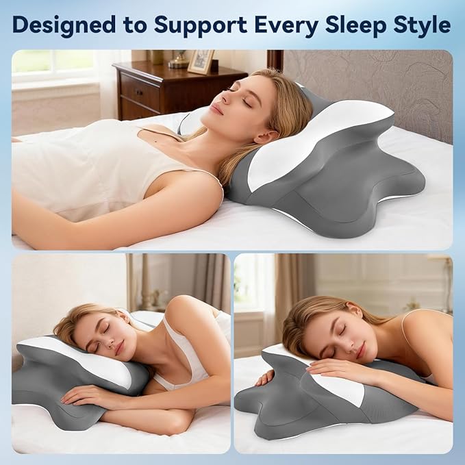 Sleep Apnea Pillow with Neck Pain & Snoring Relief -Orthopedic Cervical Pillow, Ergonomic Contour Memory Foam for Side, Back,Stomach Sleepers, Medium Firm (GreyWhite, Queen Size 25" Lx15 Wx5.8 H)