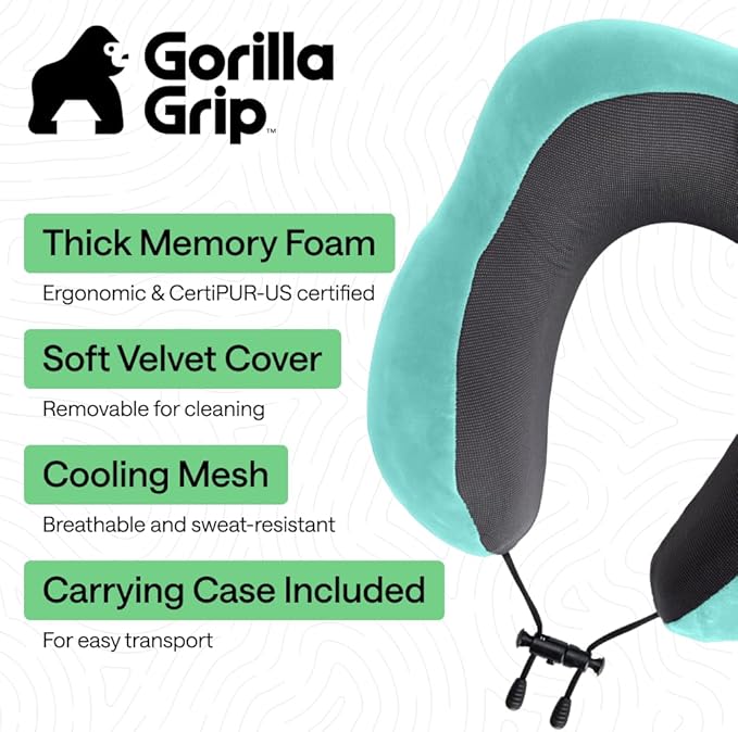 GORILLA GRIP Adjustable Travel Neck Pillow for Airplanes, CertiPUR-US® Memory Foam, Soft Velvet, Cooling Mesh Pillows, Support Headrest for Sleeping, Traveling Essentials, Flight Accessories Turquoise