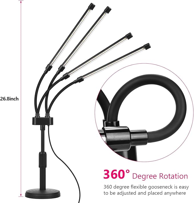 SYEIORAOM Grow Lights for Indoor Plants, Four Head LED Grow Light with Full Spectrum, Red White Spectrum for Indoor Plant Lamp, Adjustable Gooseneck, Suitable for Vegetation