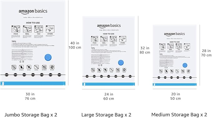 Amazon Basics Vacuum Storage Bags for Clothing, Multiple Sizes Compression Zipper Bags with Hand Pump for Space Saving and Travel, 6-Pack (2 Medium, 2 Large, 2 Jumbo), Transparent