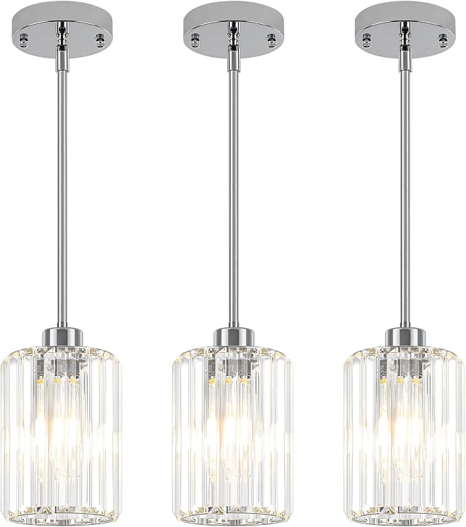 3 Pack Chrome Crystal Pendant Lights Modern Kitchen Lighting Fixtures | Hanging Hallway Ceiling Lights, Adjustable Height Pendant Lighting for Dining Room Bathroom Over Island Table Sink