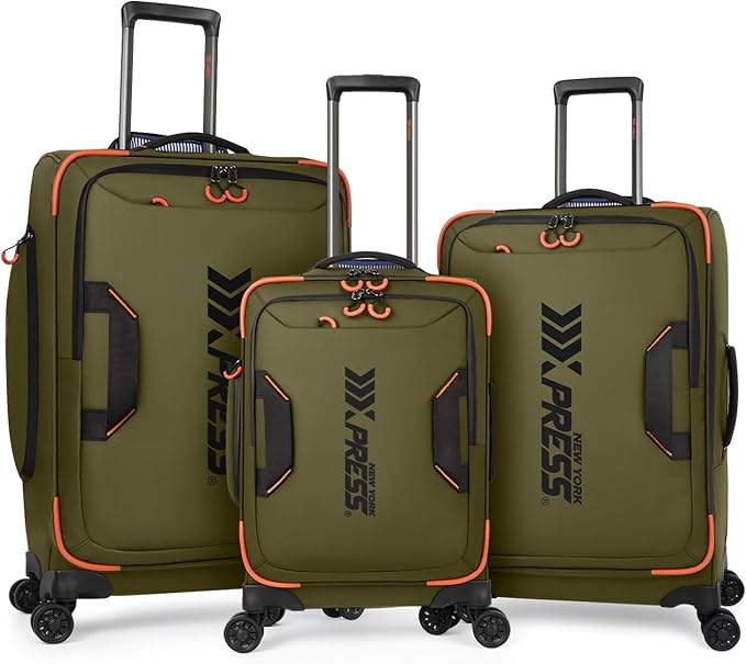 3-Piece Softside Upright Luggage Set with Front Open Pocket, Lightweight and Waterproof Durable Suitcase Sets Double Spinner Wheels（Green, 22in/26in/30in）