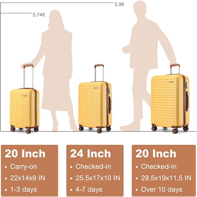 Kono Carry On Luggage 22x14x9 Airline Approved Lightweight Hardside Suitcase with Spinner Wheels & Built-in TSA Lock (Yellow, 20 Inch)