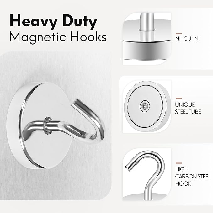 Neosmuk Magnetic Hooks, Heavy Duty 170lb Strong Magnets for Cruise Cabins, Ship Essentials, Large Metal Hooks for Hanging on Fridge(Silver,Pack of 6)